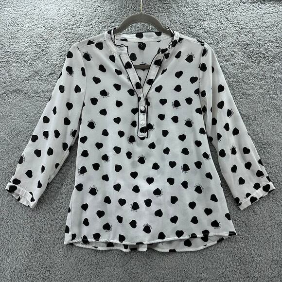 Zara‎ Women's Small Heart Blouse Button Collar 3/4 Sleeves Sheer Valentine's Day - Picture 1 of 10